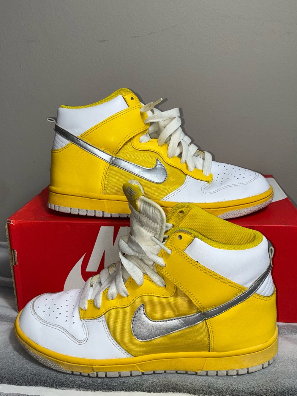 Nike Yellow & White High-Top Sneakers with Silver Swoosh